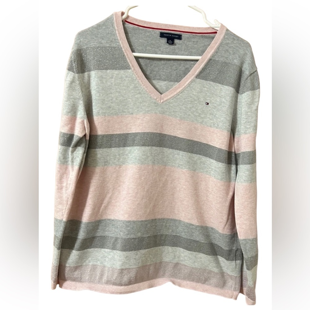 Tommy Hilfiger striped v-neck pink, gray, and silver knitted sweater. Size XL.